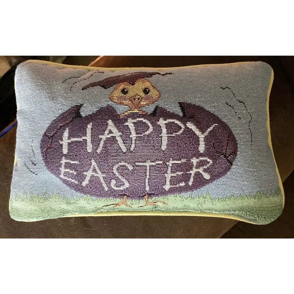 Vintage Easter Decorative Tapestry Pillow Happy Easter Chick, Cracked Egg